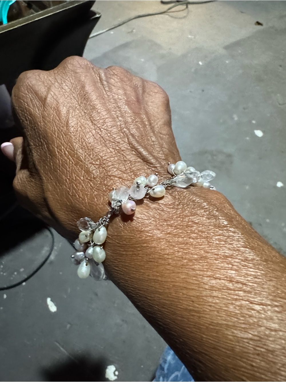 Zales Silver Bracelet with White Pearls and Clear Crystal Accents